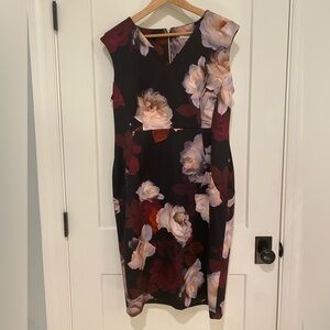 Calvin Klein Sleeveless V-Neck Sheath Scuba Dress, Black/Burgundy Floral, 14